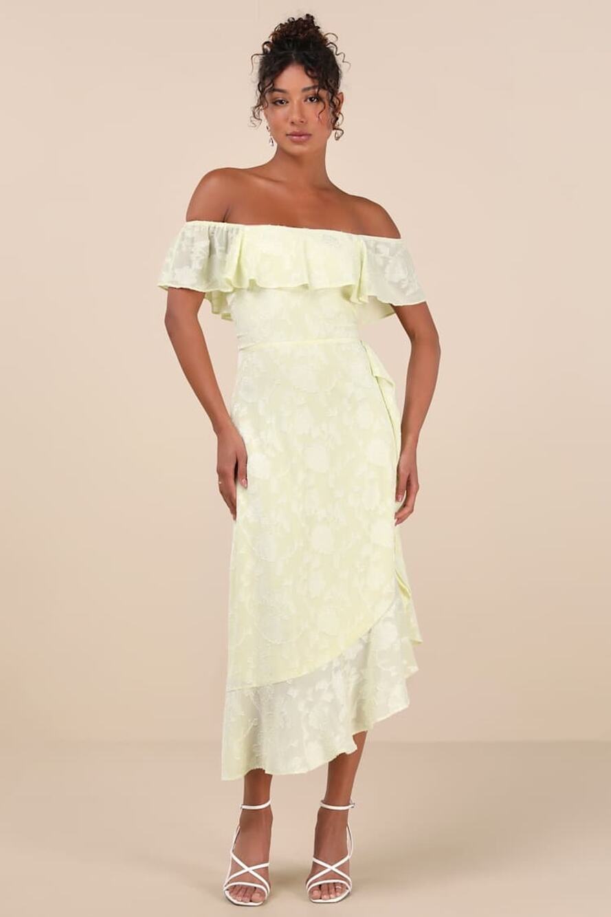 NWT Lulus Pretty Perfect Yellow Burnout Floral Off-the-Shoulder Midi Dress Sz XS